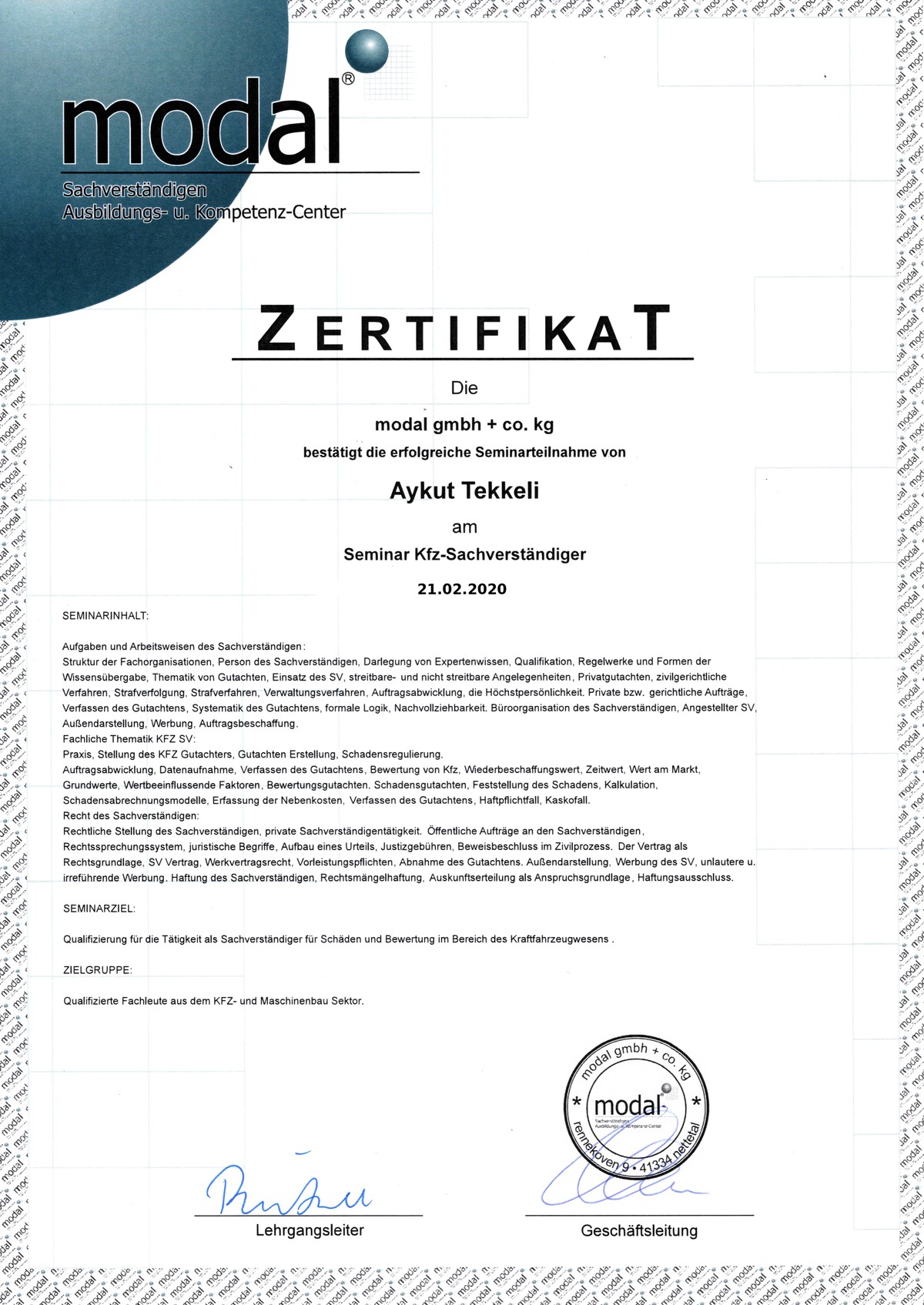 modal Zertifikat Kfz-Sachverständiger 2020 – Aykut Tekkeli